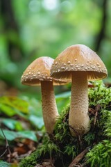 A pair of mushrooms growing on the forest floor, surrounded by lush green foliage