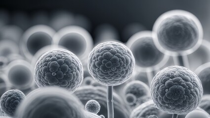 Cluster of spherical bacteria magnified under a microscope