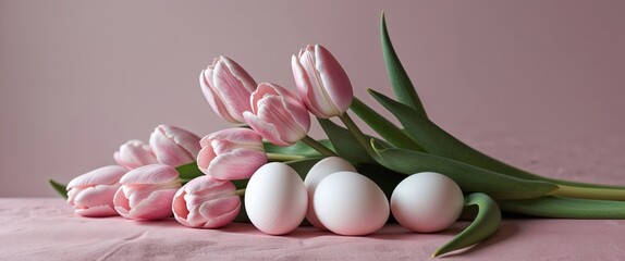pink tulips with white eggs on the pink pastel background