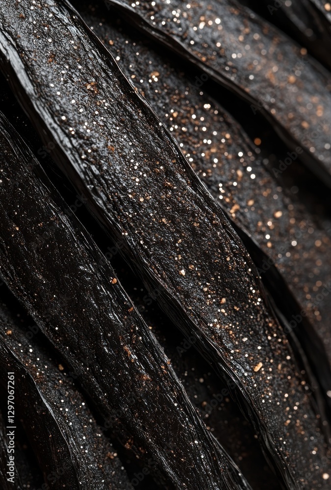 Poster close-up textured surface of dark strips with sparkling elements, highlighting natural patterns and 