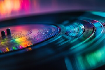 Vibrant close-up of a vinyl record with colorful reflections in low light
