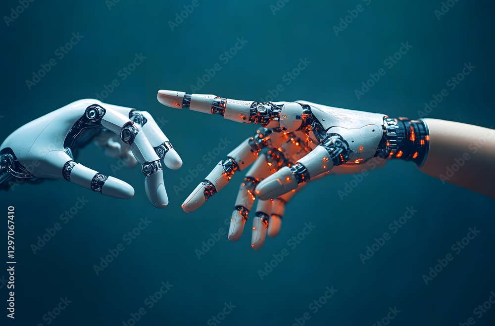 Poster concept of artificial intelligence ai assistance and robotization of production. human hand accepts 