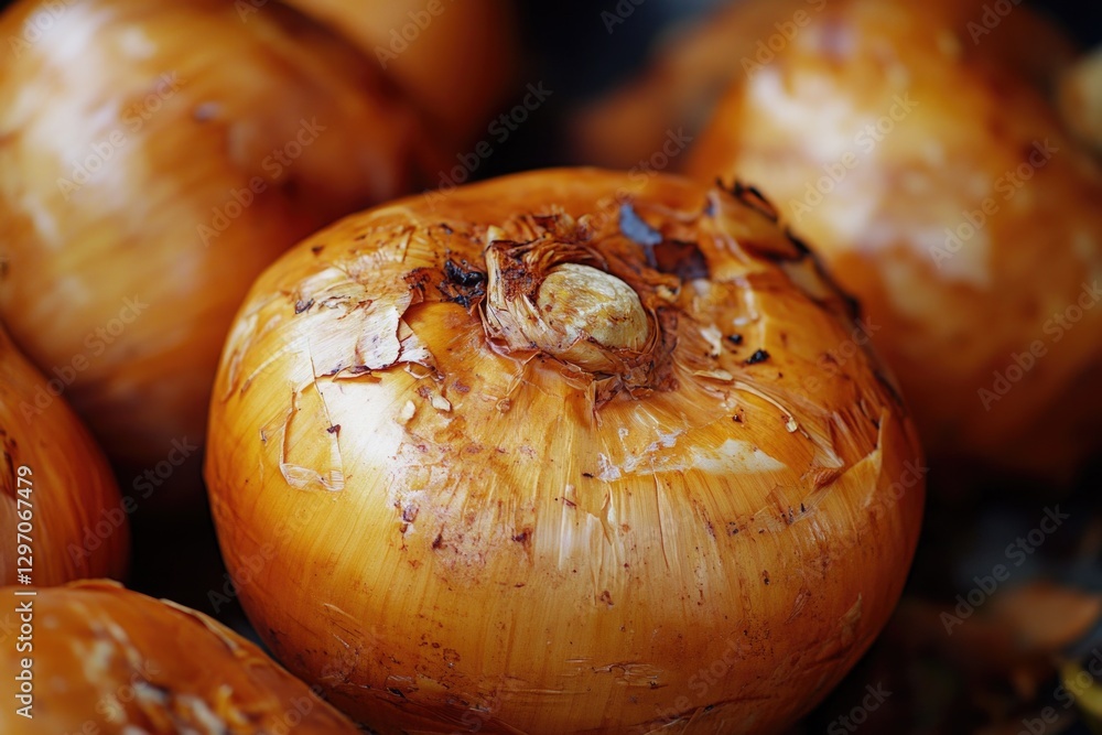 Poster a close-up view of a bunch of onions with their layers and texture visible