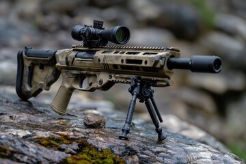 A toy gun resting on a rocky surface, suitable for use in illustrations or designs related to childhood, leisure activities, or play