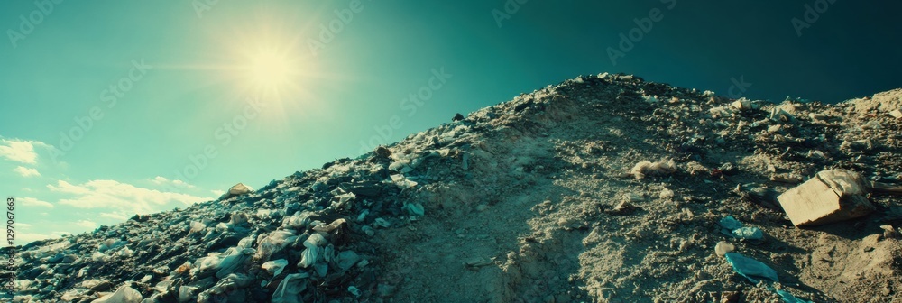 Poster mountain of plastic waste rises high above a landfill under a clear sky with space for text. generat