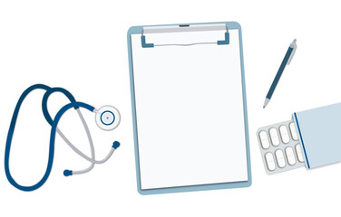 Doctor´s notes, prescription note pad clipboard. Stetoscope and other utensils. Isolated vecor illustration.  © designcocktail