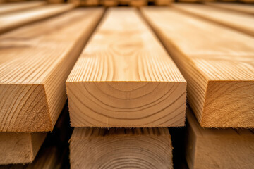 Close-up view of freshly cut wooden planks stacked neatly at a lumber yard
