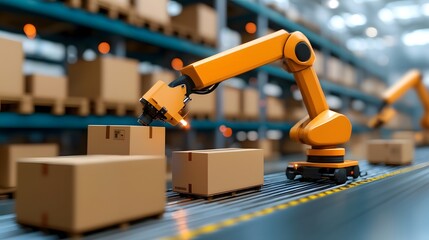 Robotic arms moving with precision and speed to sort and organize packages in a high tech distribution center managing the flow of global logistics with automation and efficiency