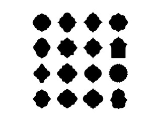 A set of decorative, black silhouette labels or badges with different geometric and floral shapes, different black color grid patterns, ribbon type design vector black and white background.