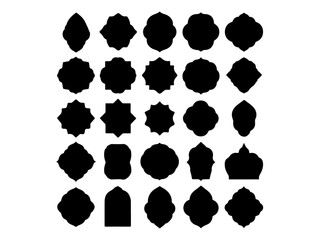 A set of decorative, black silhouette labels or badges with different geometric and floral shapes, different black color grid patterns, ribbon type design vector black and white background.