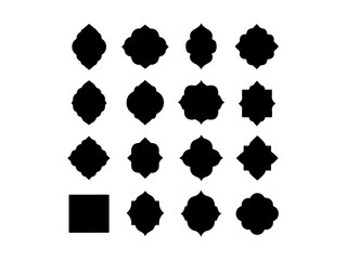 A set of decorative, black silhouette labels or badges with different geometric and floral shapes, different black color grid patterns, ribbon type design vector black and white background.