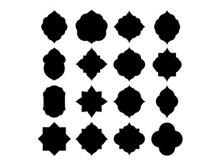 A set of decorative, black silhouette labels or badges with different geometric and floral shapes, different black color grid patterns, ribbon type design vector black and white background.