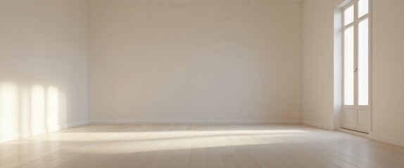 Sunlight Illuminates Empty Room with White Walls and Light Wood Floor
