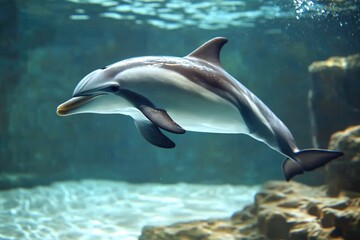 A dolphin swims in an aquarium with its mouth open, showing its natural behavior