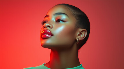 Confident woman with radiant skin and bold lighting against a red background, perfect for beauty campaigns, fashion editorials, and modern advertising