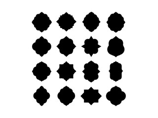 A set of decorative, black silhouette labels or badges with different geometric and floral shapes, different black color grid patterns, ribbon type design vector black and white background.
