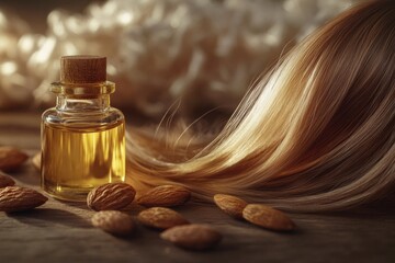 Naklejka premium A bottle of almond oil sits next to a pile of almonds, perfect for cooking or as a natural beauty product