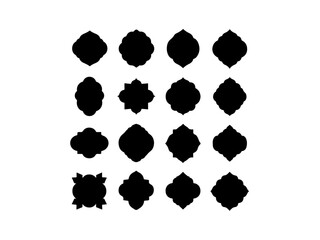 A set of decorative, black silhouette labels or badges with different geometric and floral shapes, different black color grid patterns, ribbon type design vector black and white background.