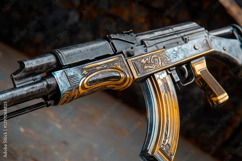 Poster a close-up view of a machine gun lying on a table, with no background or context