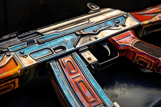 A toy replica of an AK-47 rifle on a black background, great for use in military or weapon-related designs