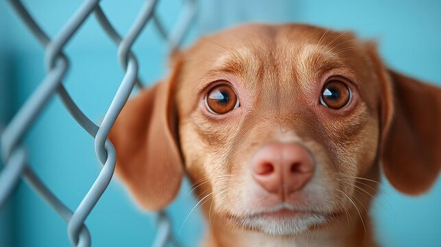 Brown dog looking through a chain link fence at an animal shelter in the afternoon light - Powered by Adobe