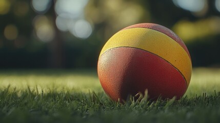 A red and yellow ball sitting on top of a lush green field, great for sport or leisure imagery