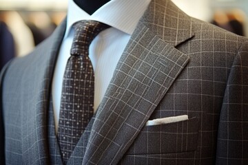 A close-up of a suit and tie on a mannequin, ideal for fashion or business uses