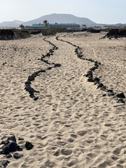 Pista marcadas con piedras en el Parque natural de las Dunas de Corralejo, Fuerteventura