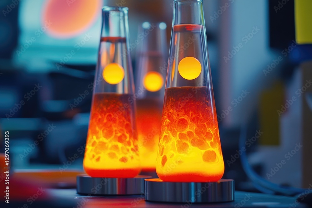 Poster two lava lamps sitting on a table, creating colorful and mesmerizing patterns