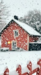 Naklejka premium A Cozy Red House Experiencing Heavy Falling Snowfall During Winter