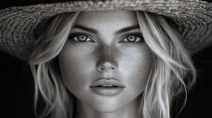 Mesmerizing close-up portrait of a young woman with blue eyes and freckles, perfect for beauty, fashion, and lifestyle editorials