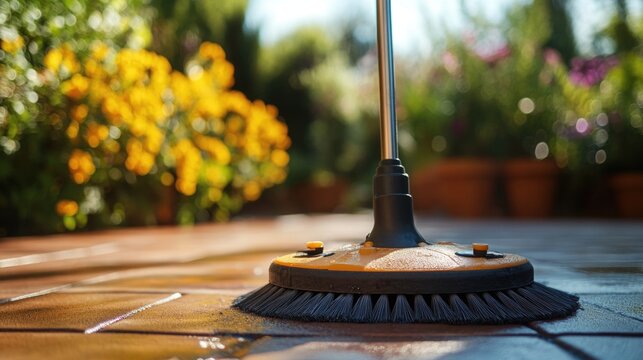 A close-up shot of a broom leaning against a tiled floor, ready for use