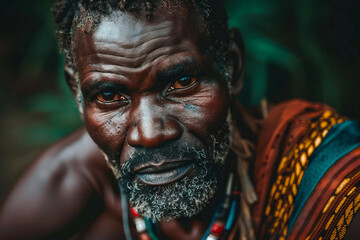 Portrait of african tribal warrior looking at the camera generative AI