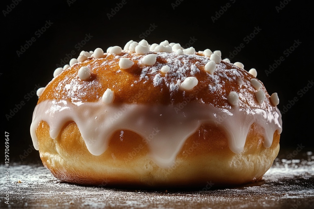 Poster freshly baked doughnut with creamy icing and colorful sprinkles on a table, perfect for a sweet trea