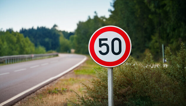 Traffic sign 50 km h maximum, speed limit for speeding vehicles.
