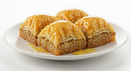 Fototapeta premium Delicious Baklava Pastries on White Plate with Honey Drizzle Close Up