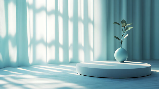 A serene and elegant scene of a minimalist vase with delicate branches, placed on a round turquoise podium with soft, diffused lighting