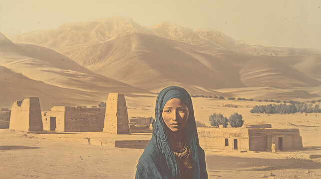 An enchanting image of a woman in traditional attire standing amidst ancient desert ruins with mountains in the background