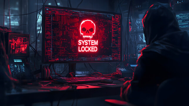 A dramatic cyberpunk scene depicting a hacker facing a computer screen displaying a red skull and the words System Locked