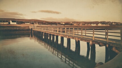 A wooden pier extending over calm water to a distant town