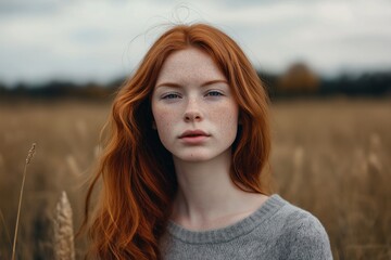 Fototapeta premium Portrait of a redhead fashion model posing in a wheat field, showcasing her freckles and long, flowing hair against a blurred natural background
