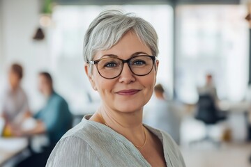 Portrait of a successful mature businesswoman with eyeglasses smiling confidently in a blurred modern office environment, colleagues working in the background