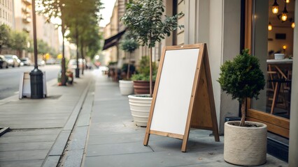 Sidewalk cafe with blank signboard mockup. Created with Ai