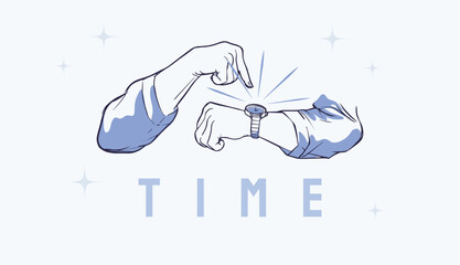 illustration of hand pointing to watch or wristwatch, checking at time, showing clocks, deadline and time management concept illustration. hand gesture and poses.
