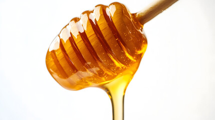 Honey dripping down from the tip of a honey dipper
