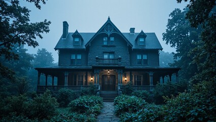 Fototapeta premium Explore the eerie essence of a haunted mansion shrouded in fog with gothic windows and an overgrown garden illuminated by a solitary lantern