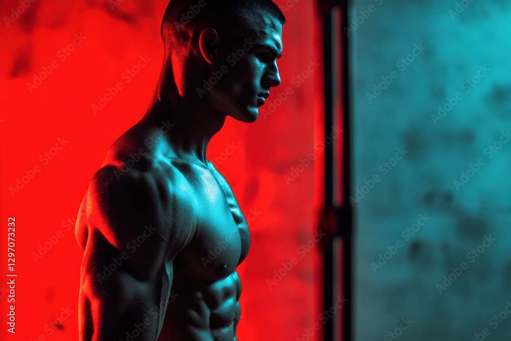 Poster muscular man poses flexibly in a gym setting under vibrant blue and red lighting. generative ai