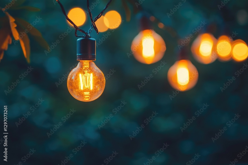 Poster a decorative string of light bulbs hanging from a tree branch, ideal for use in party or event photo