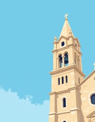 Tall Minimalist Stone Bell Tower with Blue Sky Copy Space Illustration