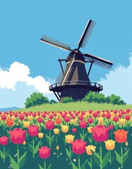 Classic Dutch Windmill with Tulips, Minimalist Flat Color Illustration, for Travel Posters, Copy Space for Text